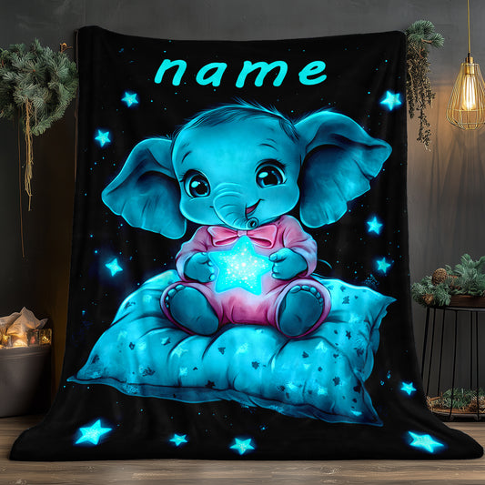 [Whimsical Charm] Personalized Name Starry Night Elephant Blanket – Soft Flannel, Lightweight & Warm – Cute Youngsters Elephant Design with Glowing Stars – Perfect for Sofa, Bed, Travel, Camping, and Gifting – 80.01x1