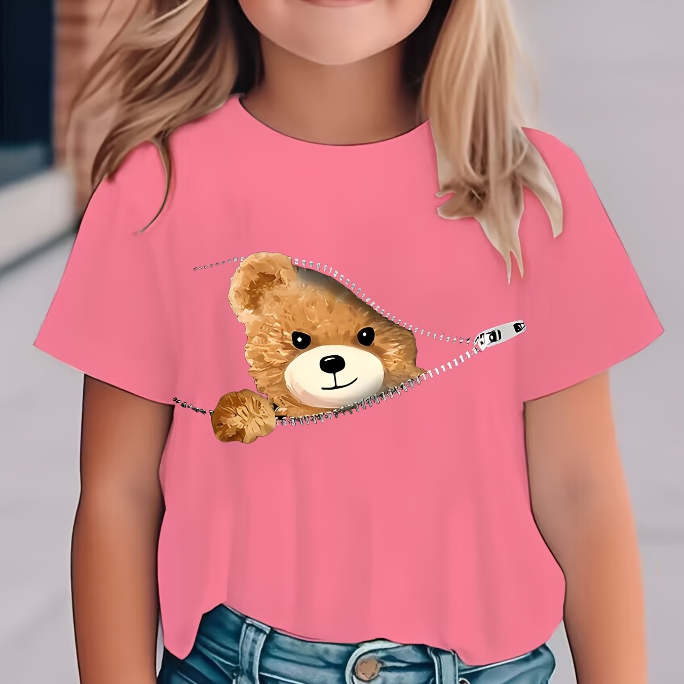 Girls' White Short Sleeve T-Shirt with Neon Green Cartoon Bear Zipper Pocket Design - Cute Streetwear Top for Spring Summer Fall, Soft Knit Round Neck Casual Playwear, Shirts for Girls, Playful Outfit, Comfortable Fit, Durabl