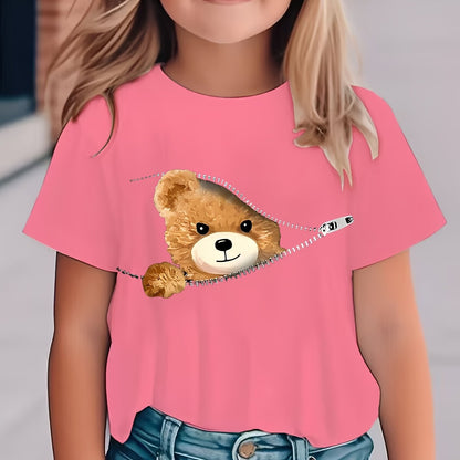 Girls' White Short Sleeve T-Shirt with Neon Green Cartoon Bear Zipper Pocket Design - Cute Streetwear Top for Spring Summer Fall, Soft Knit Round Neck Casual Playwear, Shirts for Girls, Playful Outfit, Comfortable Fit, Durabl