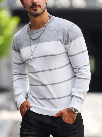 Men's Casual Striped Knit Pullover Sweater - Navy & White Contrast, Regular Fit H-Silhouette, Long Sleeve Crew Neck, Medium Stretch, Machine Washable for Spring & Fall, Mediumstretch Fabric