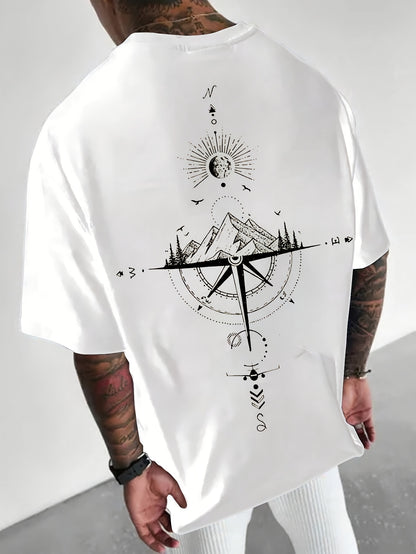 Men's Casual Compass Print T-Shirt - Breathable Polyester, Crew Neck, Short Sleeve - Perfect for Summer