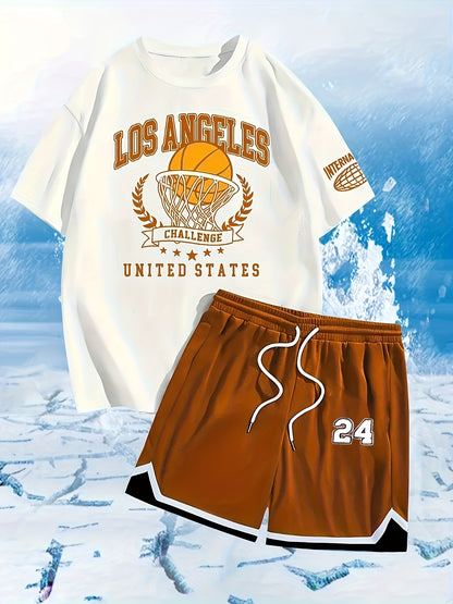 2pcs Men'S Summer Basketball Training Running Suit, Basketball Short Sleeve T-Shirt and 24 Shorts Set