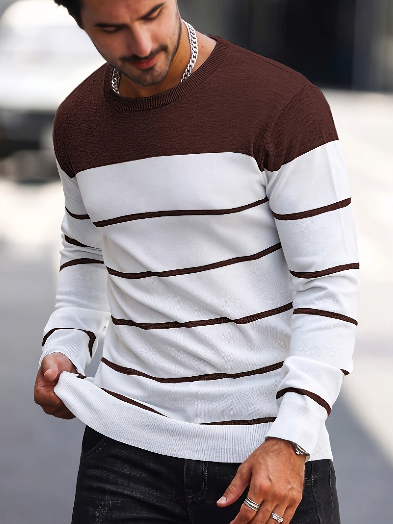 Men's Casual Striped Knit Pullover Sweater - Navy & White Contrast, Regular Fit H-Silhouette, Long Sleeve Crew Neck, Medium Stretch, Machine Washable for Spring & Fall, Mediumstretch Fabric