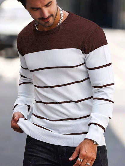 Men's Casual Striped Knit Pullover Sweater - Navy & White Contrast, Regular Fit H-Silhouette, Long Sleeve Crew Neck, Medium Stretch, Machine Washable for Spring & Fall, Mediumstretch Fabric