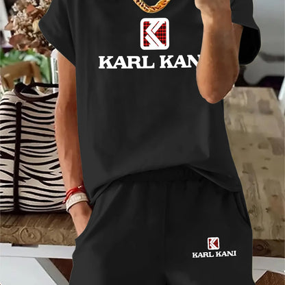 2pcs Square Frame Red and Black Plaid KARL KANI Print New Women's Summer Fashion Casual Round Neck T-Shirt Short Sleeve Polyester Spandex Sport Set