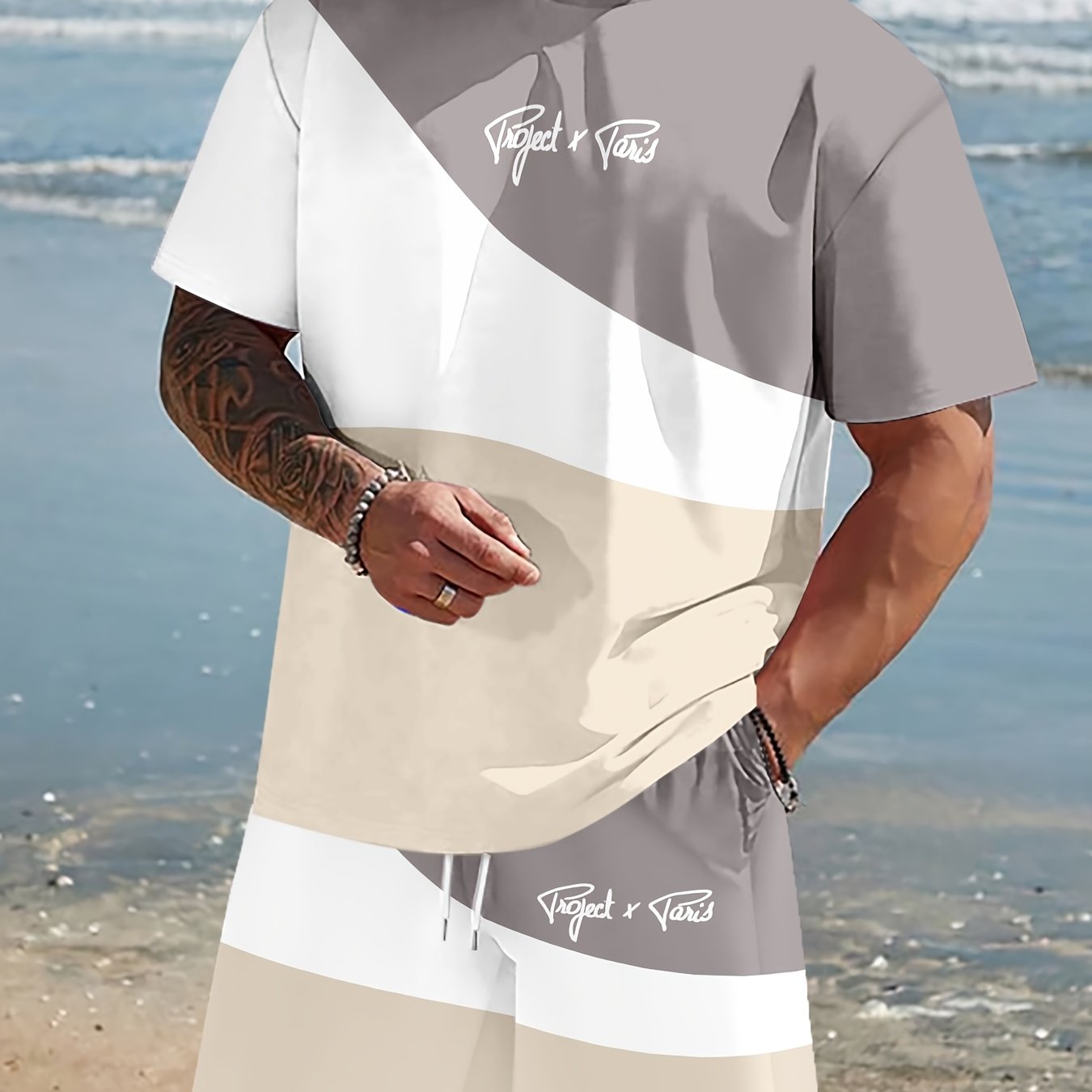 Men'S 3D Print Short Sleeve Set - Casual Athletic Beachwear with "Just & Vibes" Graphic, Beige & Gray, Drawstring Waist, Perfect for Outdoor Activities, Beach Outfit|Casual Style|Stretchy Fabric