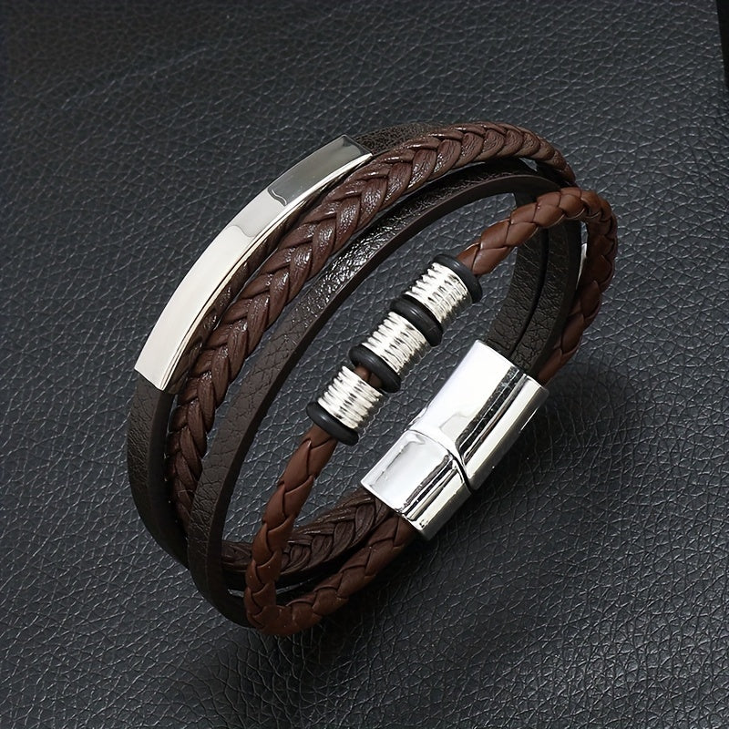 New Hot Selling Men's Vintage Hand-woven Multi-layer Beaded Alloy Magnetic Buckle PU Men's Bracelet