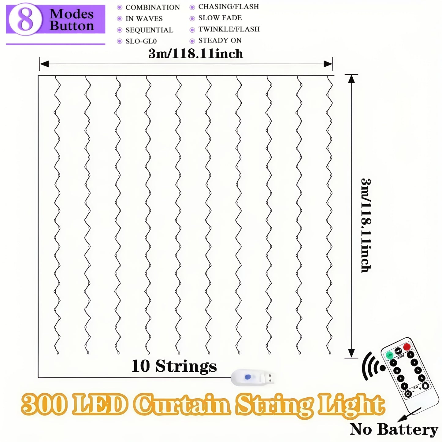 1pc, Christmas fairy lamp, 300LED fairy tale curtain lamp, USB plug, 8 modes, including timing/dimming function, DIY bedroom modeling, very suitable for Christmas, Valentine's day, home wall decoration, living room decoration