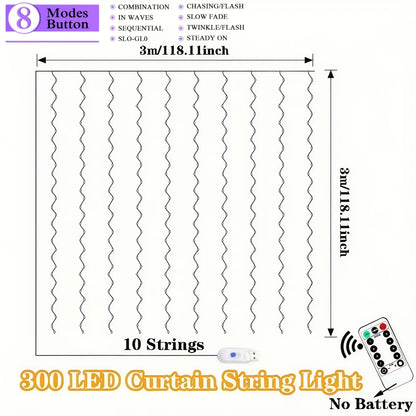 1pc, Christmas fairy lamp, 300LED fairy tale curtain lamp, USB plug, 8 modes, including timing/dimming function, DIY bedroom modeling, very suitable for Christmas, Valentine's day, home wall decoration, living room decoration