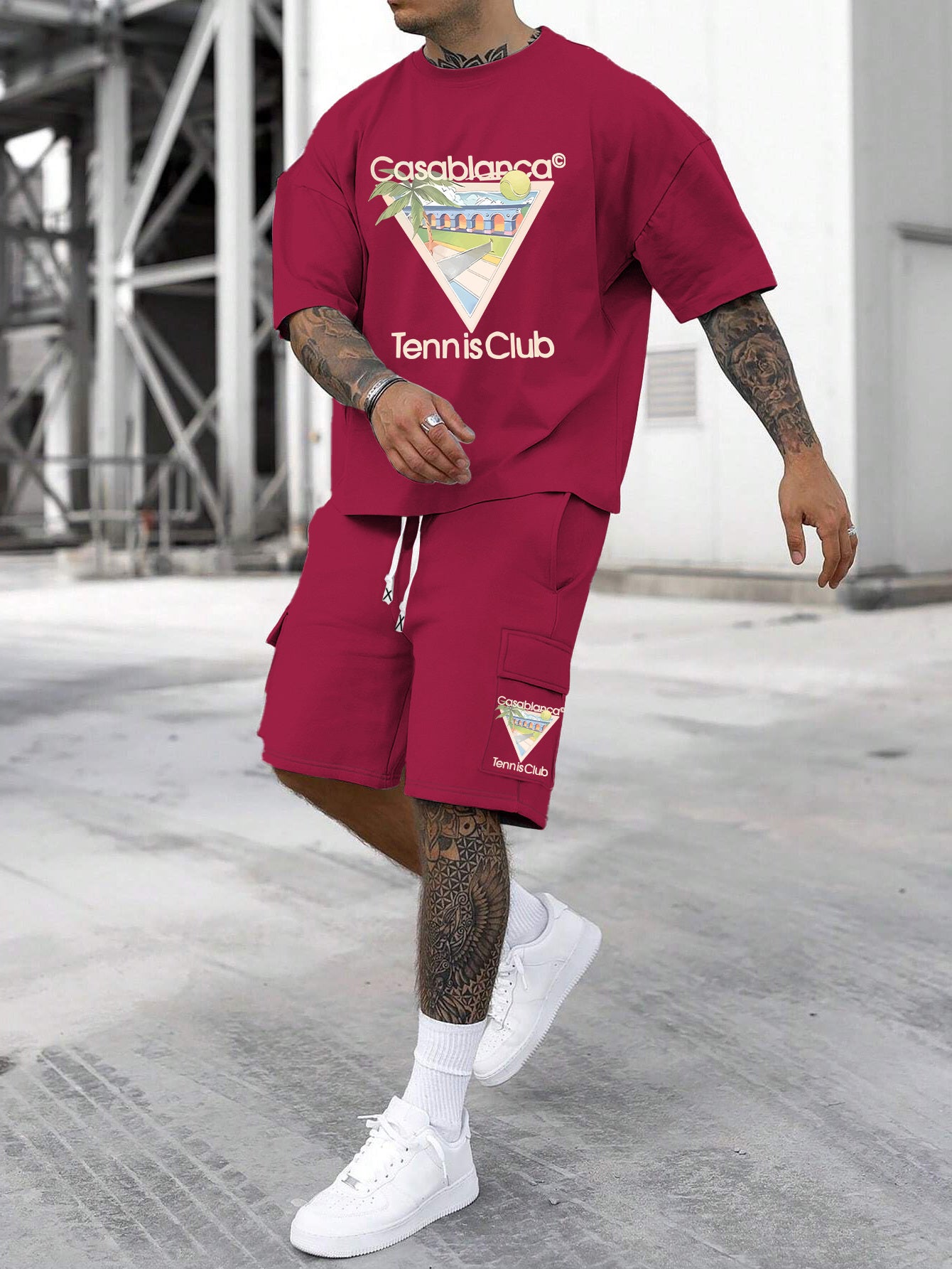 New Loose Fit Breathable Men's Crew Neck Short Sleeve T-Shirt and Workwear Style Multi-Pocket Shorts Set, Summer Casual Sportswear Two-Piece Outfit, Stylish Versatile Top and Pants for Both Men and Women