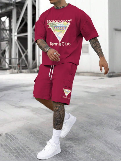 New Loose Fit Breathable Men's Crew Neck Short Sleeve T-Shirt and Workwear Style Multi-Pocket Shorts Set, Summer Casual Sportswear Two-Piece Outfit, Stylish Versatile Top and Pants for Both Men and Women