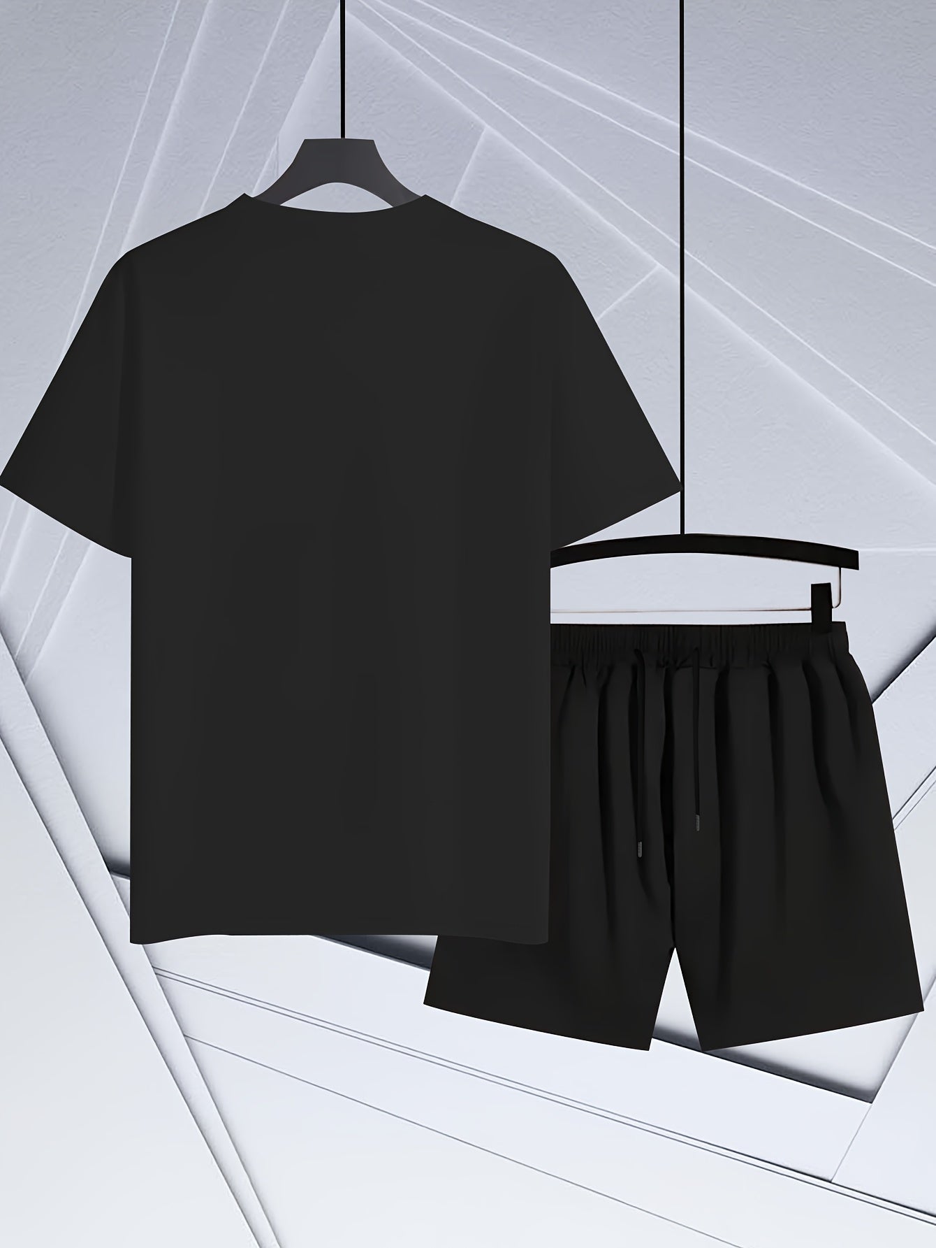 Men'S Casual Sporty Outdoor Two-Piece Set - Summer T-Shirt & Shorts with Bold "ICON" Print, Geometric Pattern, Regular Fit, Crew Neck, Light Blue & Black, Comfortable for Casual Attire, Leisure Clothing | Bold Print Shirt | C