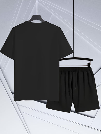 Men'S Casual Sporty Outdoor Two-Piece Set - Summer T-Shirt & Shorts with Bold "ICON" Print, Geometric Pattern, Regular Fit, Crew Neck, Light Blue & Black, Comfortable for Casual Attire, Leisure Clothing | Bold Print Shirt | C