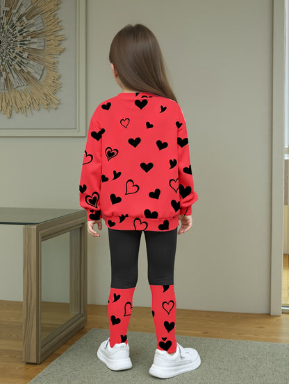 Girls' Spring/Autumn Heart Print Round Neck T-Shirt + Casual Patchwork Pants Cute Cat Pattern Two-Piece Set