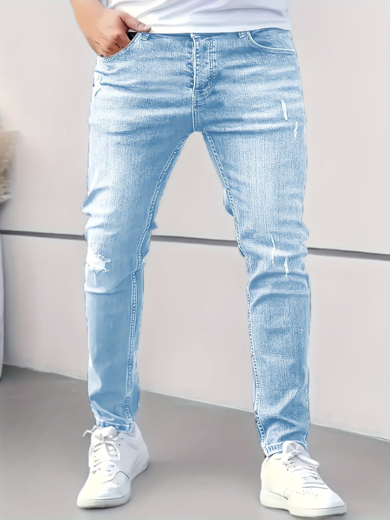 Men'S Light Blue Distressed Skinny Jeans - Stretch Denim, Slim Fit, Casual Style with Ripped Details, All-Season Comfort, Casual Attire Jeans|Distressed Denim|Stretch Denim Fabric