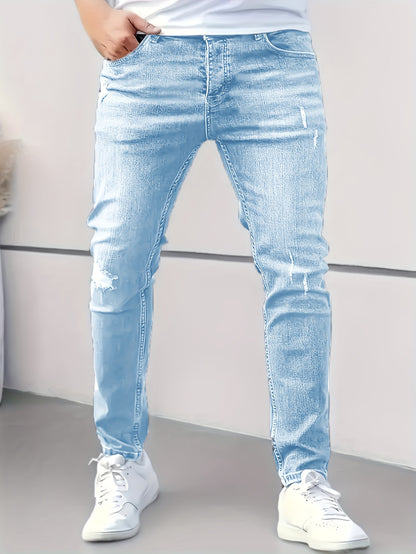 Men'S Light Blue Distressed Skinny Jeans - Stretch Denim, Slim Fit, Casual Style with Ripped Details, All-Season Comfort, Casual Attire Jeans|Distressed Denim|Stretch Denim Fabric