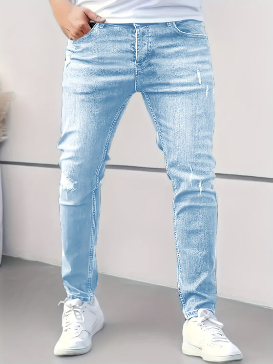 Men'S Light Blue Distressed Skinny Jeans - Stretch Denim, Slim Fit, Casual Style with Ripped Details, All-Season Comfort, Casual Attire Jeans|Distressed Denim|Stretch Denim Fabric