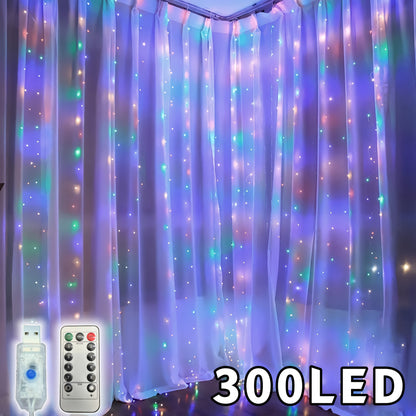 1pc, Christmas fairy lamp, 300LED fairy tale curtain lamp, USB plug, 8 modes, including timing/dimming function, DIY bedroom modeling, very suitable for Christmas, Valentine's day, home wall decoration, living room decoration