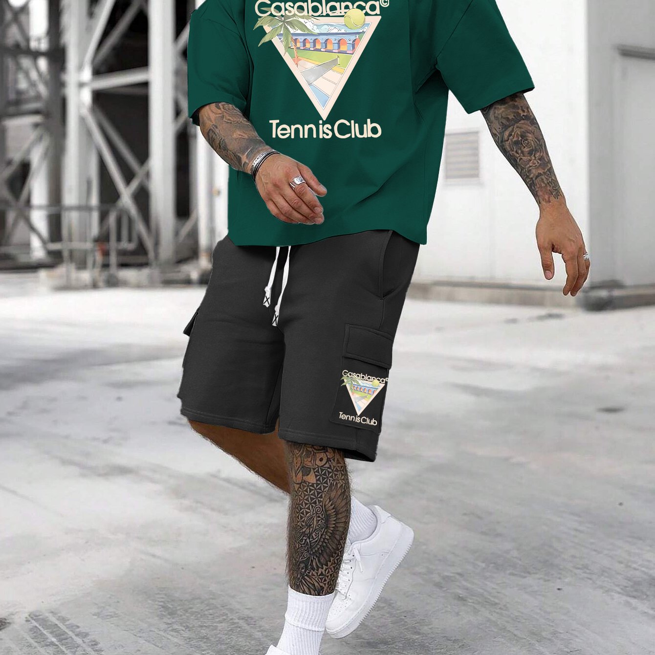New Loose Fit Breathable Men's Crew Neck Short Sleeve T-Shirt and Workwear Style Multi-Pocket Shorts Set, Summer Casual Sportswear Two-Piece Outfit, Stylish Versatile Top and Pants for Both Men and Women