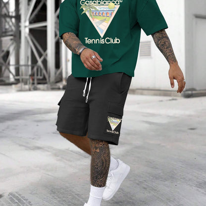 New Loose Fit Breathable Men's Crew Neck Short Sleeve T-Shirt and Workwear Style Multi-Pocket Shorts Set, Summer Casual Sportswear Two-Piece Outfit, Stylish Versatile Top and Pants for Both Men and Women