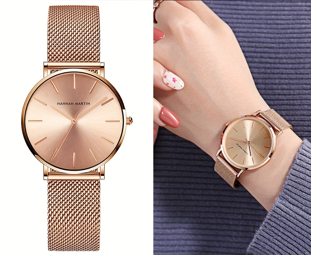 New Arrival 1pc Fashionable 's Rose Golden Watch, Golden & Silvery Stainless Steel Mesh Strap, Gorgeous Quartz Watch, Suitable for Daily Vacation Banquet Wear, Comes with Black Exquisite Box and Also Suitable as Gift - Girlfr