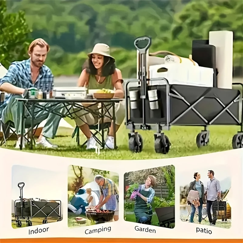 One piece Foldable camper with wheels, garden cart, multi-purpose heavy-duty four-wheeler for sports, gardening, camping and shopping, heavy duty, large capacity, black
