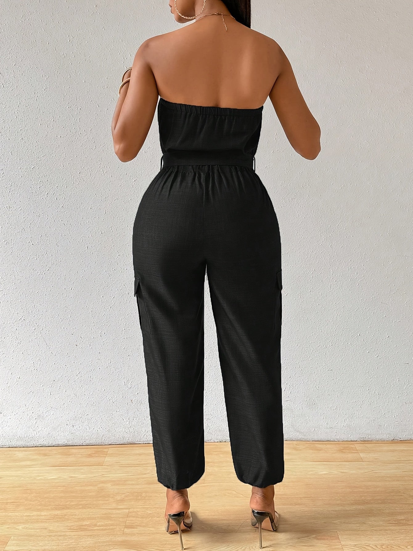 Ladies Solid Color Off the Shoulder Bandeau Romper, Polyester, Casual, with Pocket, for Daily Wear, Spring/Fall