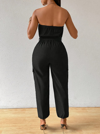 Ladies Solid Color Off the Shoulder Bandeau Romper, Polyester, Casual, with Pocket, for Daily Wear, Spring/Fall