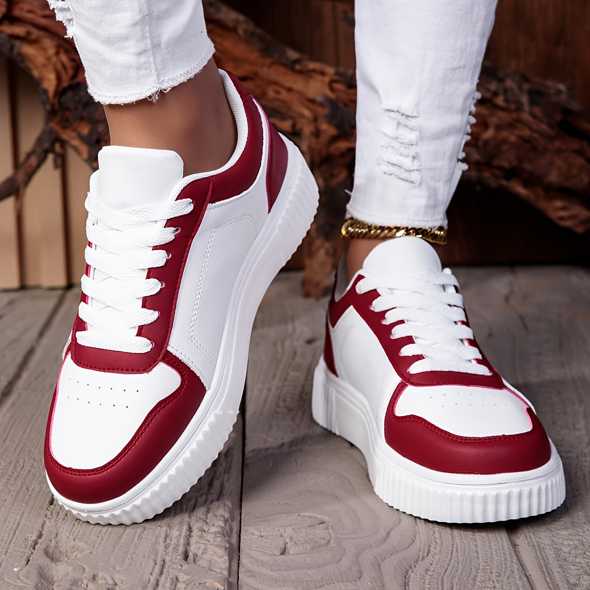 Men's Big & Tall Lightweight Breathable PU Upper Sneakers - White & Maroon Colorway, MD Cushioned Sole for All-Season Comfort, Lace-Up Low-Top Casual Sneakers for Running, Gym & Daily Wear, Modern Street Style, Fabric Lined I