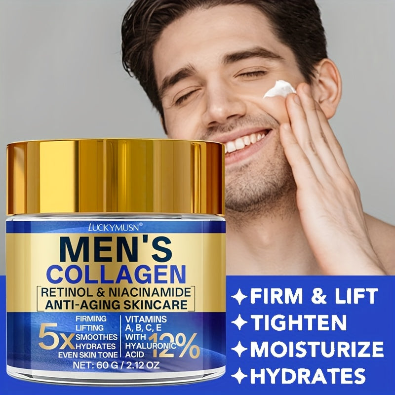 60g LUCKY MUSN Men's Retinol Collagen Moisturizing Cream with Hyaluronic Acid, Caffeine, Vitamin C & E - Firming & Lifting Skincare, 5X Smoothing, 5.5X Firming, 12% Brightening, Easy-Absorb Non-Greasy Formula for All Light Be