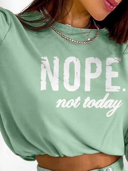 Women'S "NOPE not today" Print Long Sleeve Crop Top & Drawstring Skirt Set - Casual Polyester Blend, Light Green, Stylish Beltless Design with Pockets, Casual Attire|Crop Top Design|Stretchy Fabric