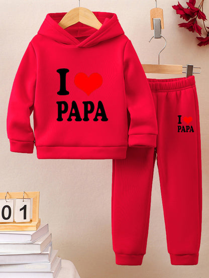 Fashionable Autumn And Winter Casual Sports Style for And "I Love Dad" Cartoon Popular Print Pattern Long-Sleeved Plus Velvet Warm Hooded Sweatshirt + Sweatpants Two-Piece Set, for Outdoor