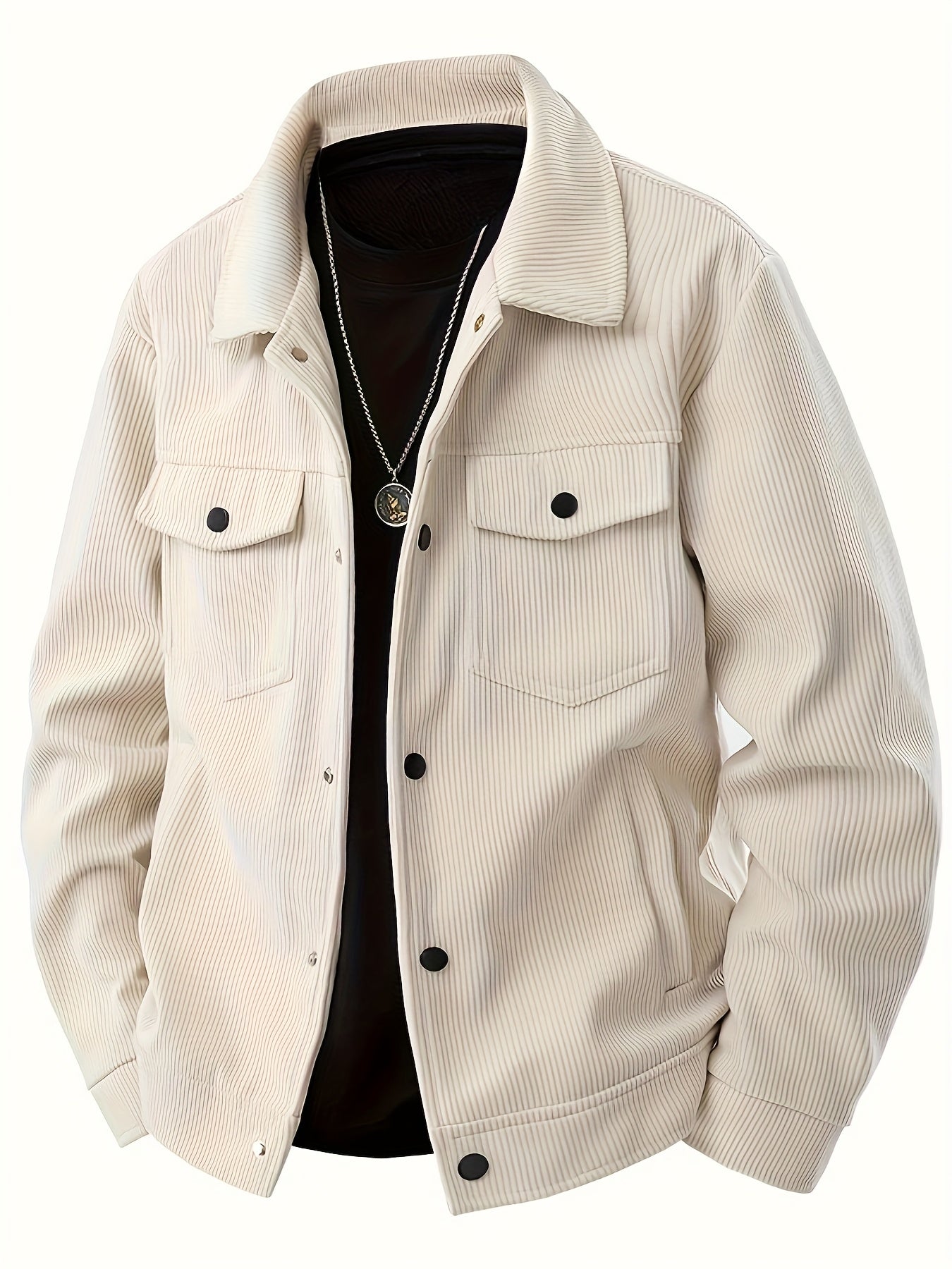 Men'S Plus Size Corduroy Bomber Jacket - Casual Workwear with Snap Buttons, Flap Pockets, and Polyester Lining - Machine Washable, Autumn & Spring Fashion, Casual Outerwear | Casual Jacket | Polyester Lining Jacket