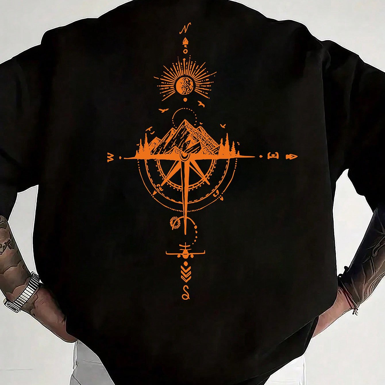 Men's Short Sleeve T-Shirt 100% Polyester Loose Fit Casual Round Neck Navy Blue with Golden Compass Rose Mountain Print - Summer Outdoor Adventure Graphic Tee, Modern Casual Top | Easy Care Clothing