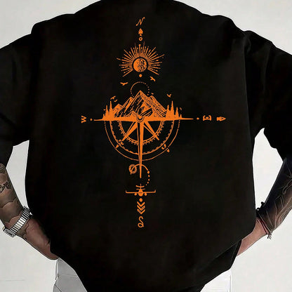 Men's Short Sleeve T-Shirt 100% Polyester Loose Fit Casual Round Neck Navy Blue with Golden Compass Rose Mountain Print - Summer Outdoor Adventure Graphic Tee, Modern Casual Top | Easy Care Clothing