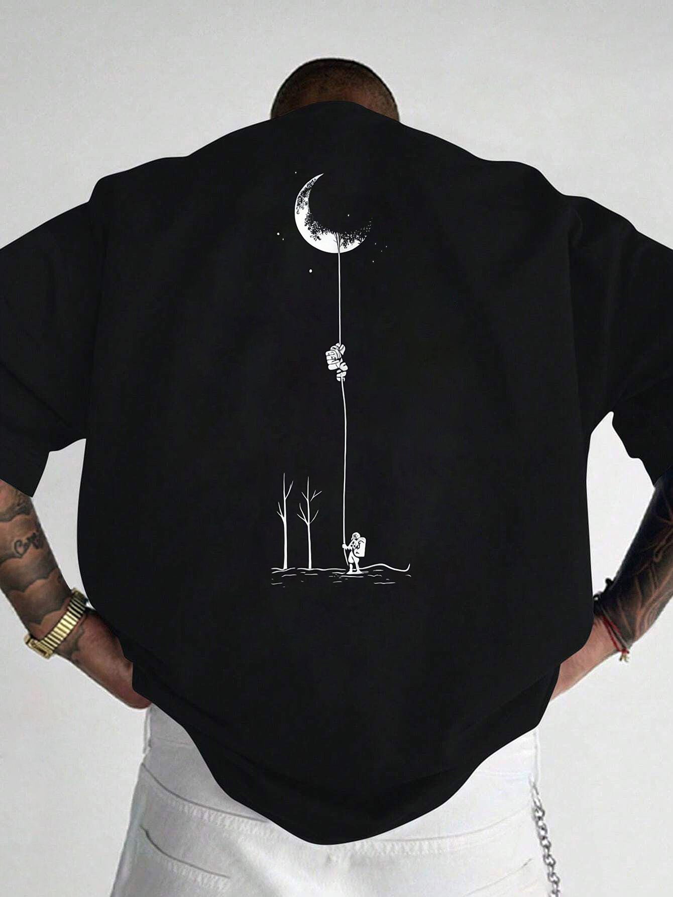 Men's Graphic Print Short Sleeve T-Shirt - Black Relaxed Fit Casual Round Neck, Durable Polyester Fabric, Machine Washable Summer Outdoor Top, Moon And Trees Design | Lightweight Clothing