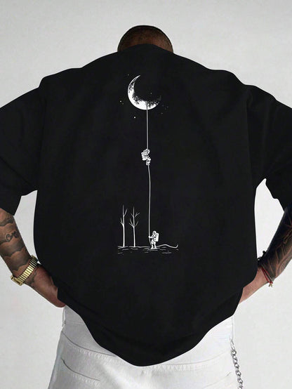 Men's Graphic Print Short Sleeve T-Shirt - Black Relaxed Fit Casual Round Neck, Durable Polyester Fabric, Machine Washable Summer Outdoor Top, Moon And Trees Design | Lightweight Clothing