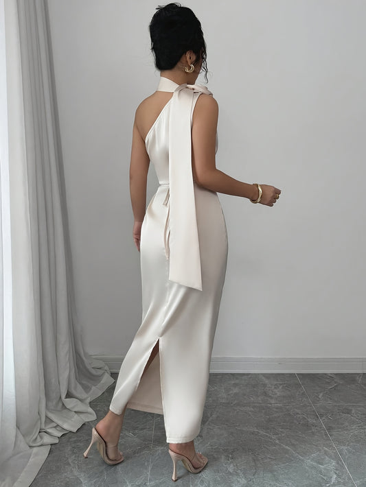 Women's Elegant Champagne Satin Off-the-Shoulder Mermaid Dress with Ruching Detail & Open Back - Bodycon Fit for Weddings, Parties, Formal Events