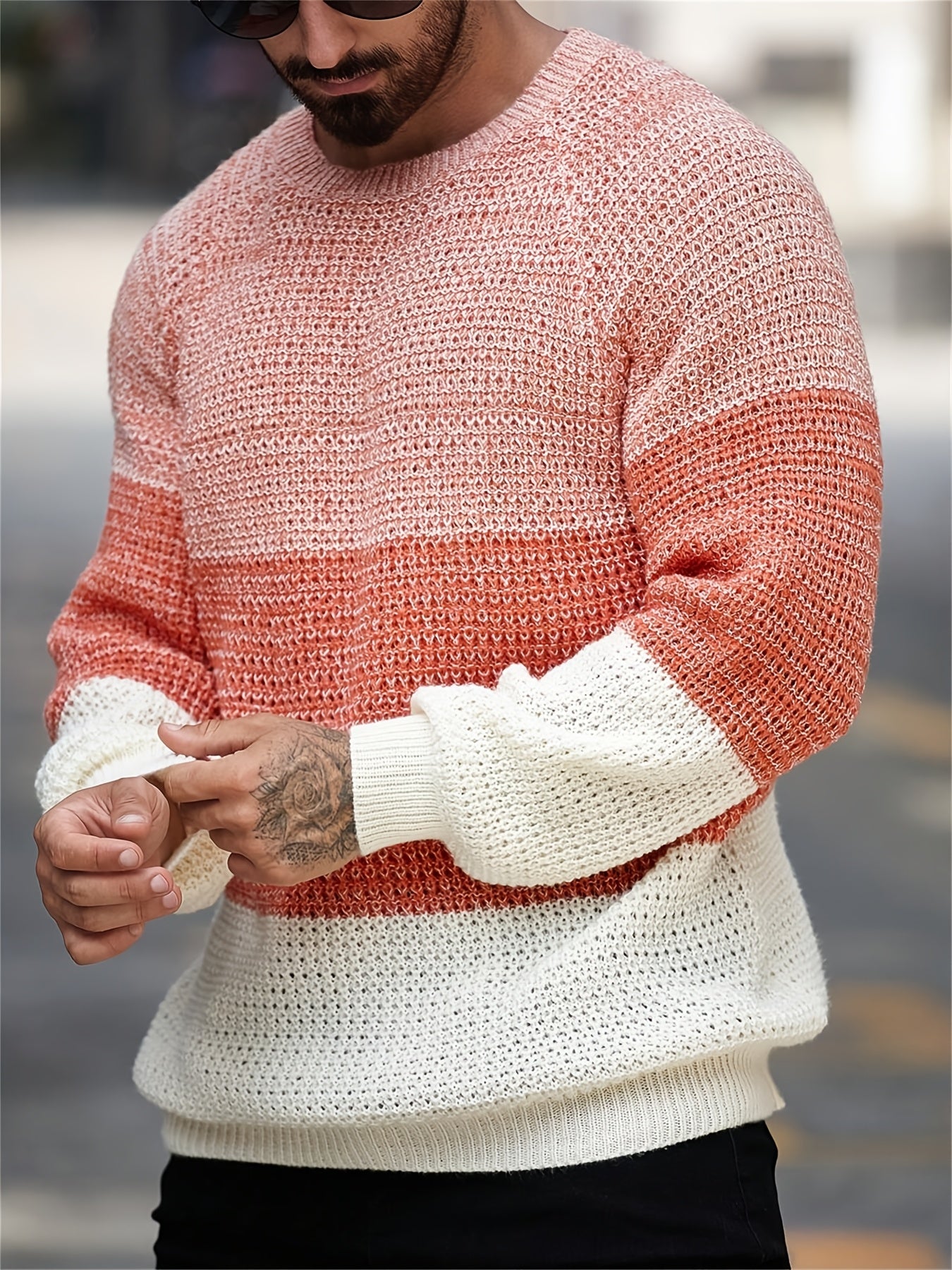 Men'S Casual Color Block Knit Pullover - Long Sleeve, Round Neck, Acrylic Fabric, Perfect for Fall/Winter Outings, School, and Casual Attir