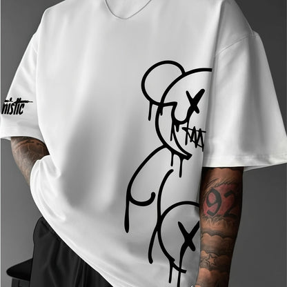 Men'S Casual Street Style Graphic T-Shirt - White with Black Abstract Design, Loose Fit, Short Sleeve, Round Neck, Summer Streetwear, Streetwear Tshirt | Street Style Shirt | Slight Stretch Fabric