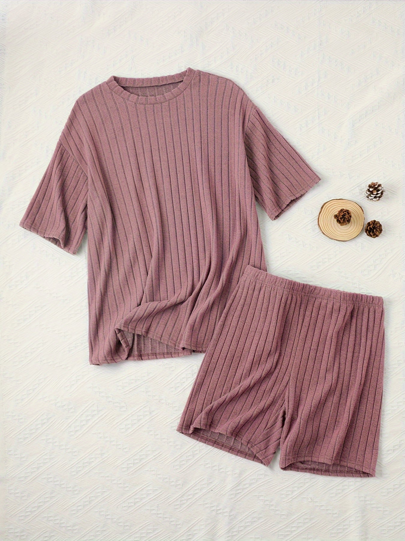 Women's Casual Lounge Set, Plus Size Solid Ribbed Short Sleeve Round Neck Top & Shorts Pajamas 2 Piece Set