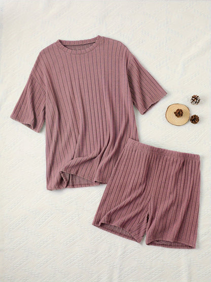 Women's Casual Lounge Set, Plus Size Solid Ribbed Short Sleeve Round Neck Top & Shorts Pajamas 2 Piece Set