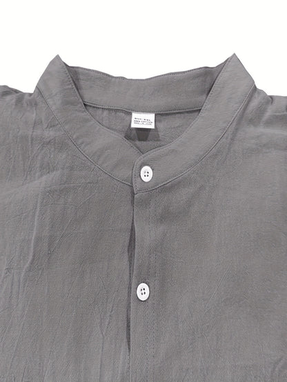 Men's Lightweight 95% Linen Shirt - Breathable Summer Casual Button-Up with Stand Collar, Regular Fit for Beach & Urban Wear, Solid Color