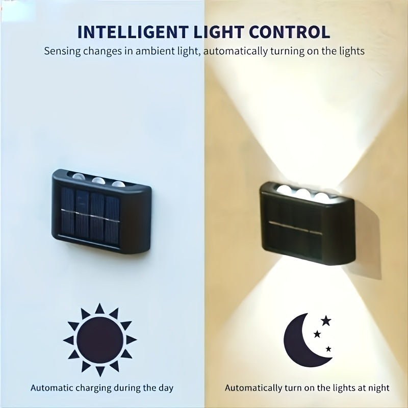 2pcs of LED solar wall lights, upper and lower lighting, solar outdoor lights, solar fence lights, suitable for courtyards, gardens, garages, swimming pools, decks, Smart Lights