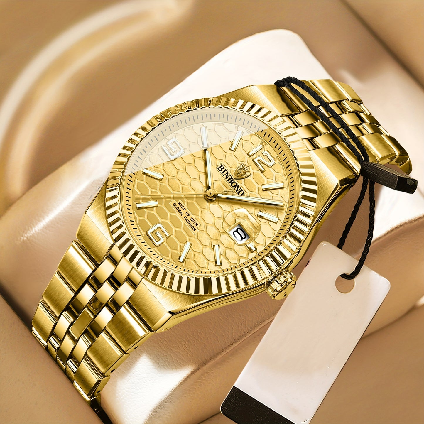 BINBOND Men's Sporty Elegant Quartz Watch with Date Display, Luminous Hands & Two-Tone Golden & Black Stainless Steel Band - High Quality Business Casual Watch for Everyday & Formal Wear, Versatile Wristwatch, Sophisticated D