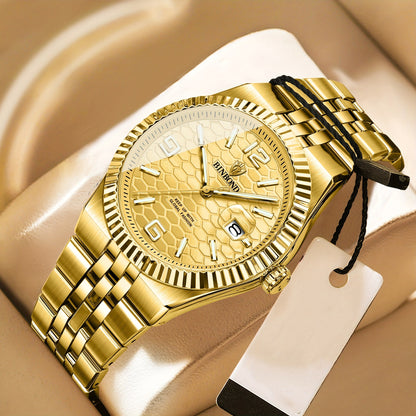 BINBOND Men's Sporty Elegant Quartz Watch with Date Display, Luminous Hands & Two-Tone Golden & Black Stainless Steel Band - High Quality Business Casual Watch for Everyday & Formal Wear, Versatile Wristwatch, Sophisticated D
