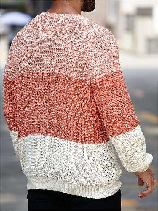 Men'S Casual Color Block Knit Pullover - Long Sleeve, Round Neck, Acrylic Fabric, Perfect for Fall/Winter Outings, School, and Casual Attir
