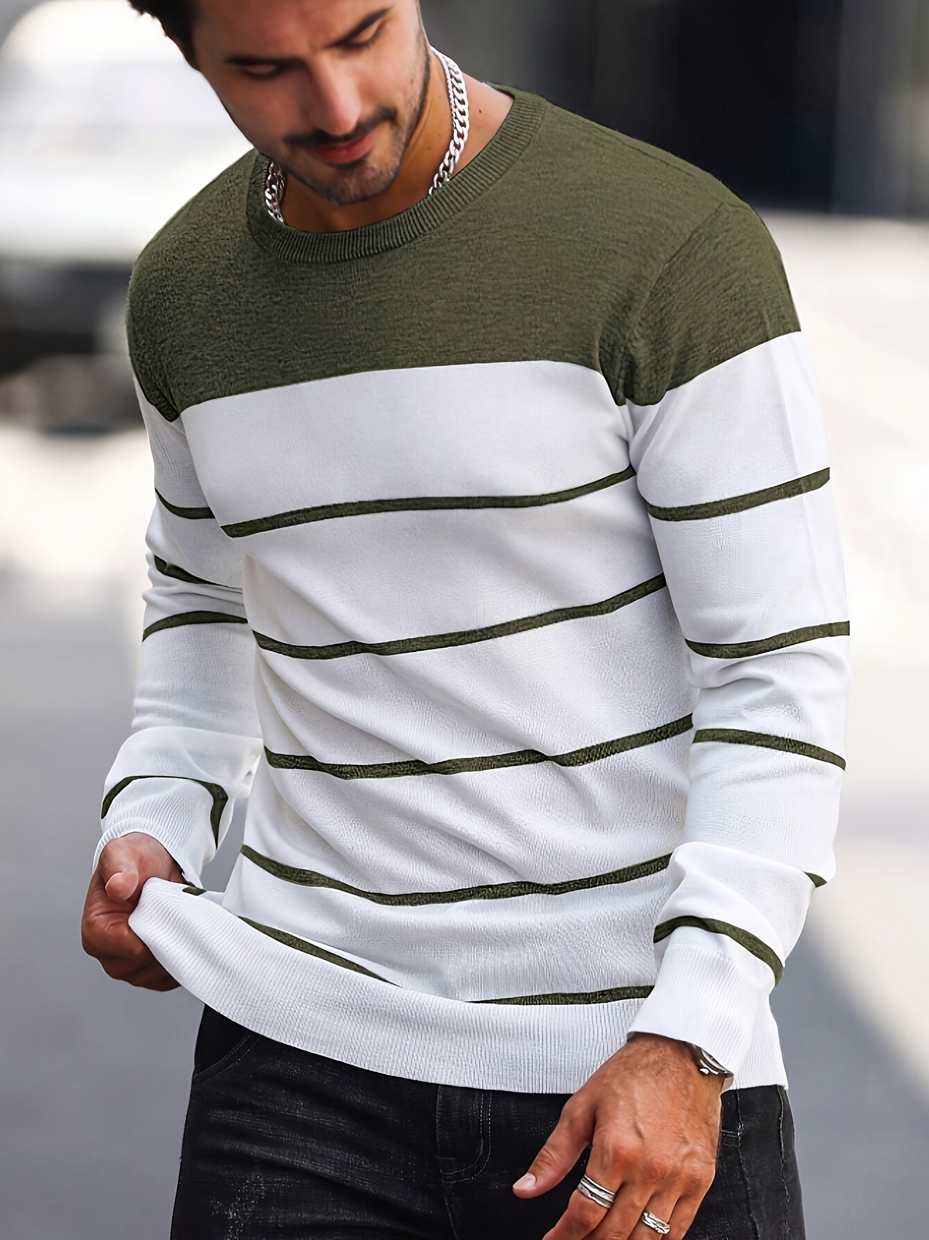 Men's Casual Striped Knit Pullover Sweater - Navy & White Contrast, Regular Fit H-Silhouette, Long Sleeve Crew Neck, Medium Stretch, Machine Washable for Spring & Fall, Mediumstretch Fabric