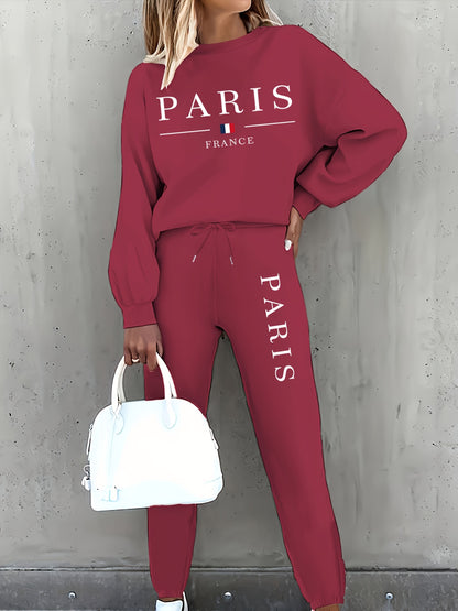 Targeted Autumn and Winter Fashion Print Two-Piece Set, Casual Long-Sleeve Fleece Pullover and Drawstring Jogger Pants Outfit for Women