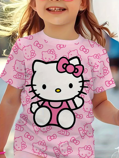 Kids' Short Sleeve T-Shirt - Cute Pink for Hello Kitty Cartoon Pattern, 3D Digital Print, Suitable for Outdoor | Casual | Sports | Home, Comfortable Sliky Fiber Fabric Fabric